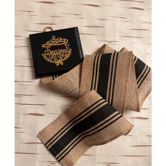 Seasons Greetings Holiday Card Holder Black Wooden Topper Brown Burlap Ribbon - Picture 5 of 5